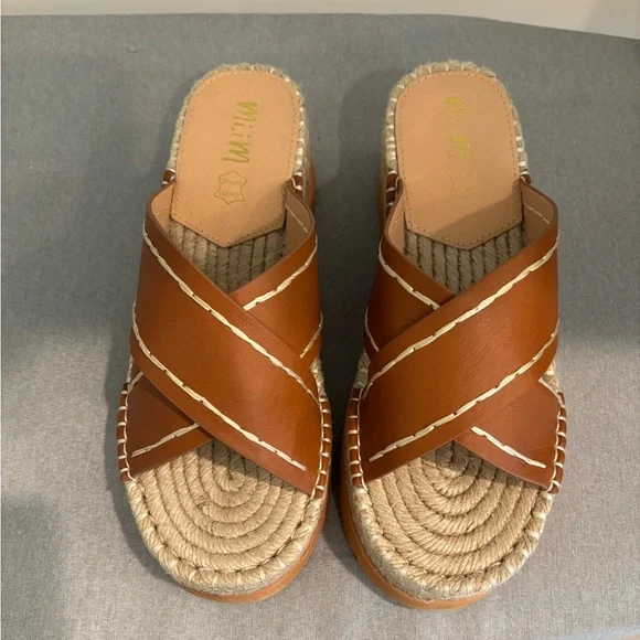 Brown Leather Espadrille Wedge Sandals - Picture 2 of 6